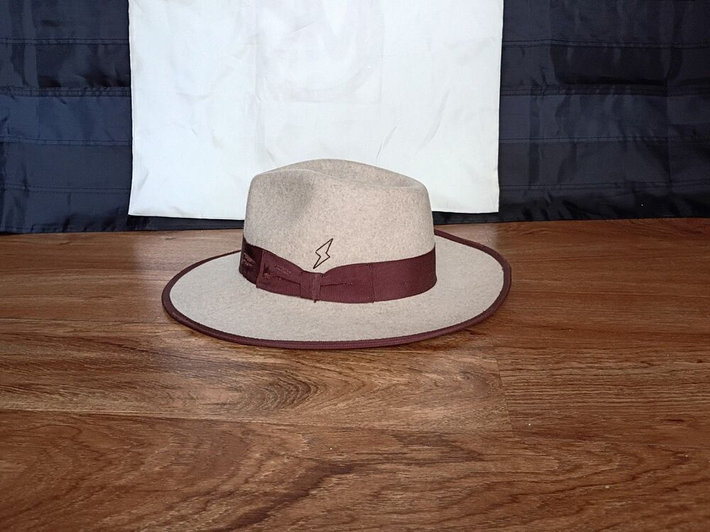 Ruediger Handmade Wool Felt Fedora Medium Beige Lightning Bolt